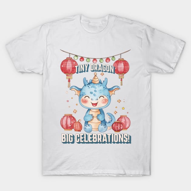 Celebrating with Tiny Dragon: Red & Baby Blue Watercolor Art T-Shirt by YUED